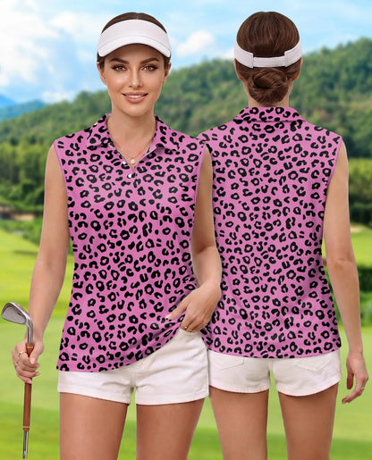 Pink Leopard Print Sleeveless Polo Shirt for Women, Wild Fashion Style | Azhawaiian
