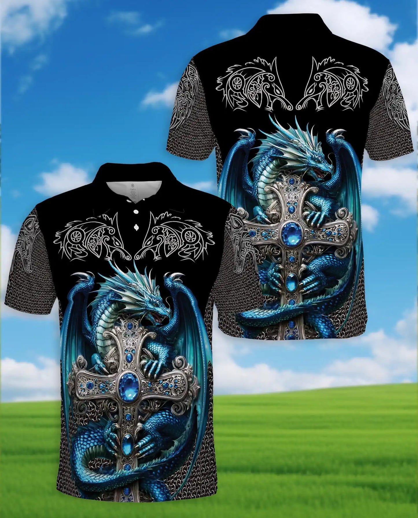 Blue Dragon Cross Polo Shirt for Men - Fantasy Medieval Dragon | Azhawaiian