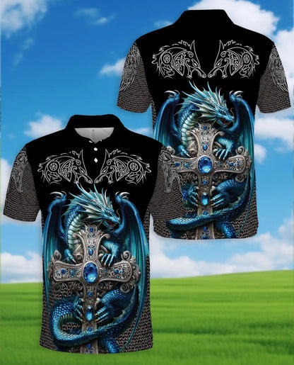 Blue Dragon Cross Polo Shirt for Men - Fantasy Medieval Dragon | Azhawaiian