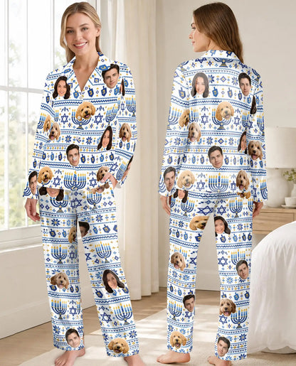 Personalized Hanukkah Menorah Pajamas for Women – Custom Face & Pet Photo Print