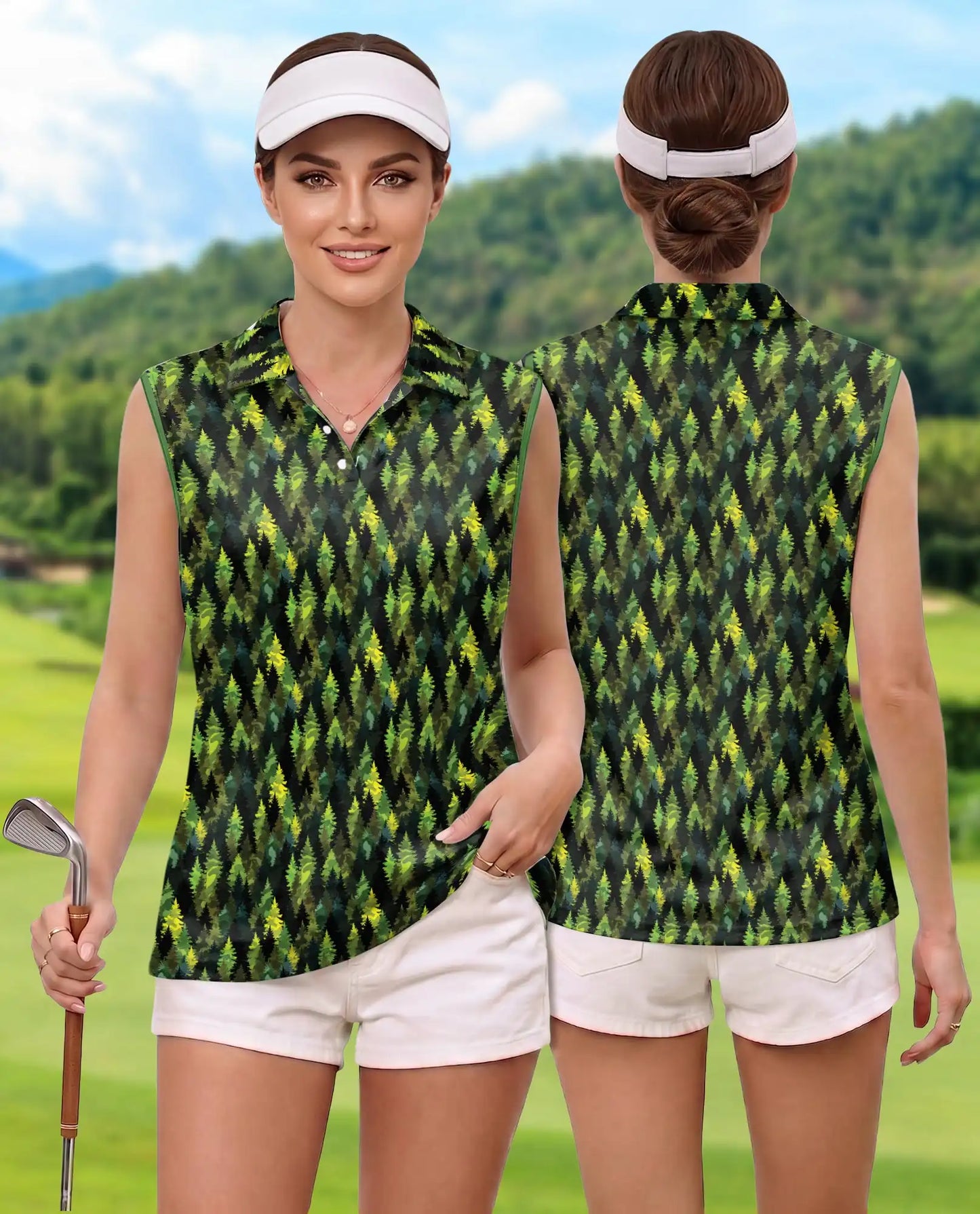 Pine Tree Pattern Sleeveless Polo Shirt for Women, Nature Outdoor Style | Azhawaiian