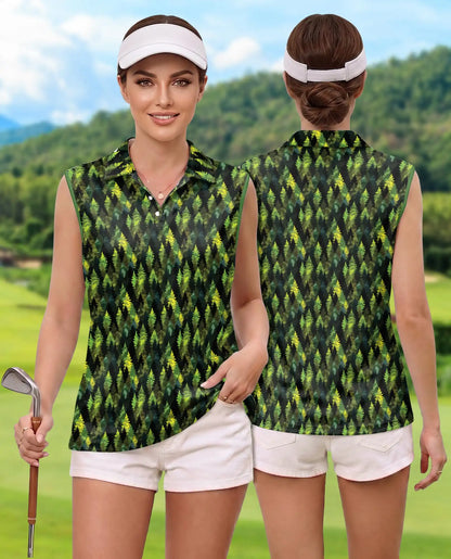 Pine Tree Pattern Sleeveless Polo Shirt for Women, Nature Outdoor Style | Azhawaiian