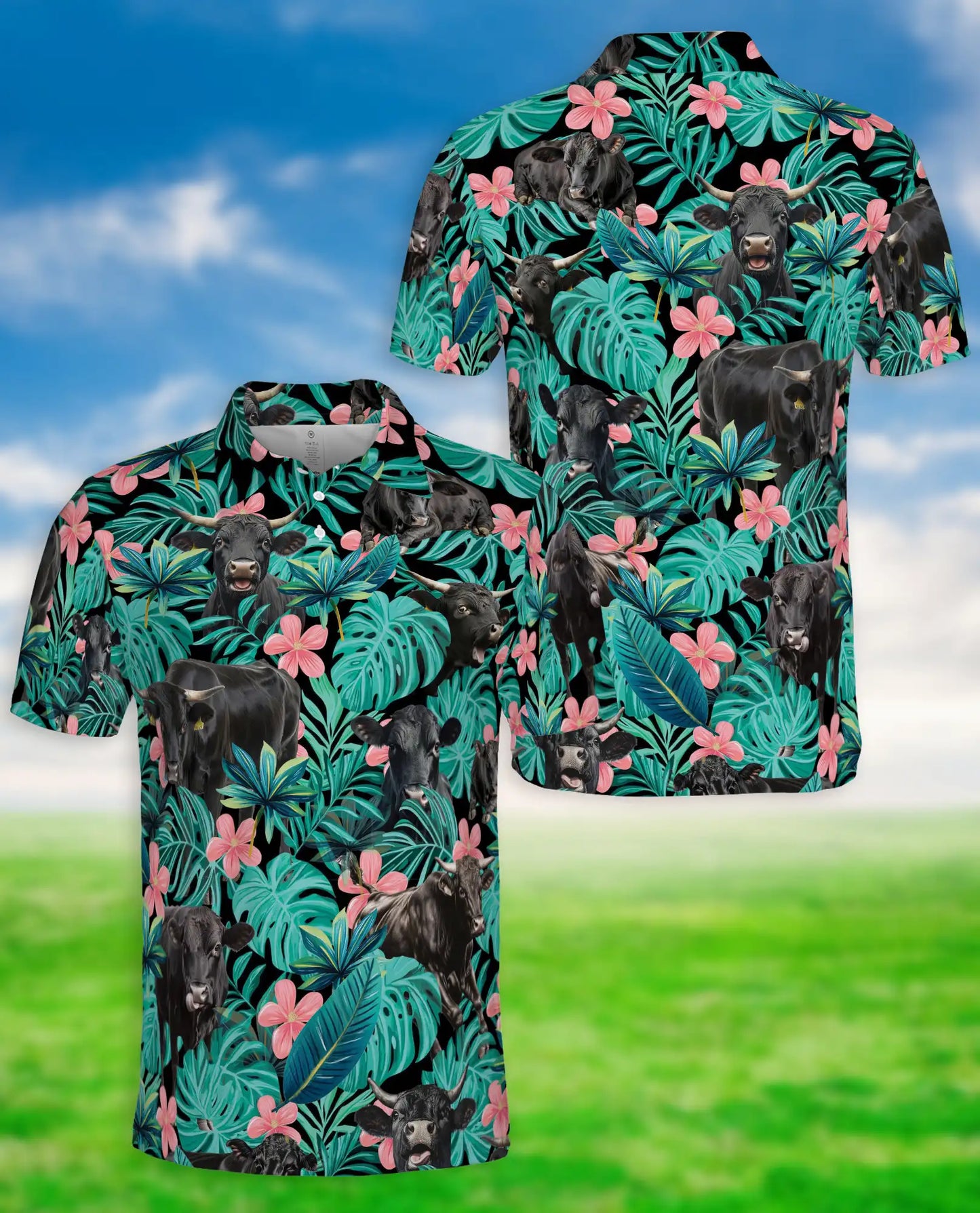 Black Cow Tropical Floral 3D Polo Shirt for Men, Hawaiian Farm Animal Style | Azhawaiian