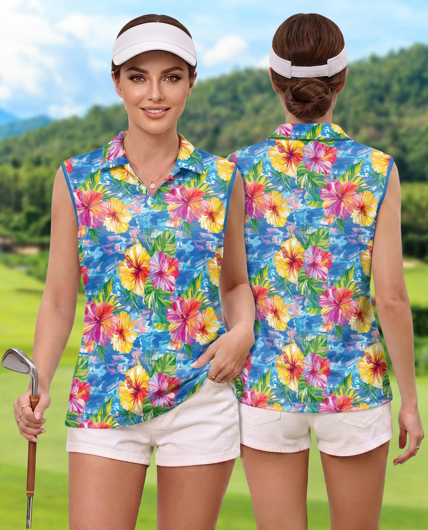 Hibiscus Seas Blue Sleeveless Polo Shirt for Women | Azhawaiian