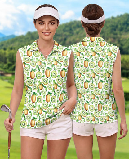 Kiwi Pattern Sleeveless Polo Shirt for Women | Azhawaiian