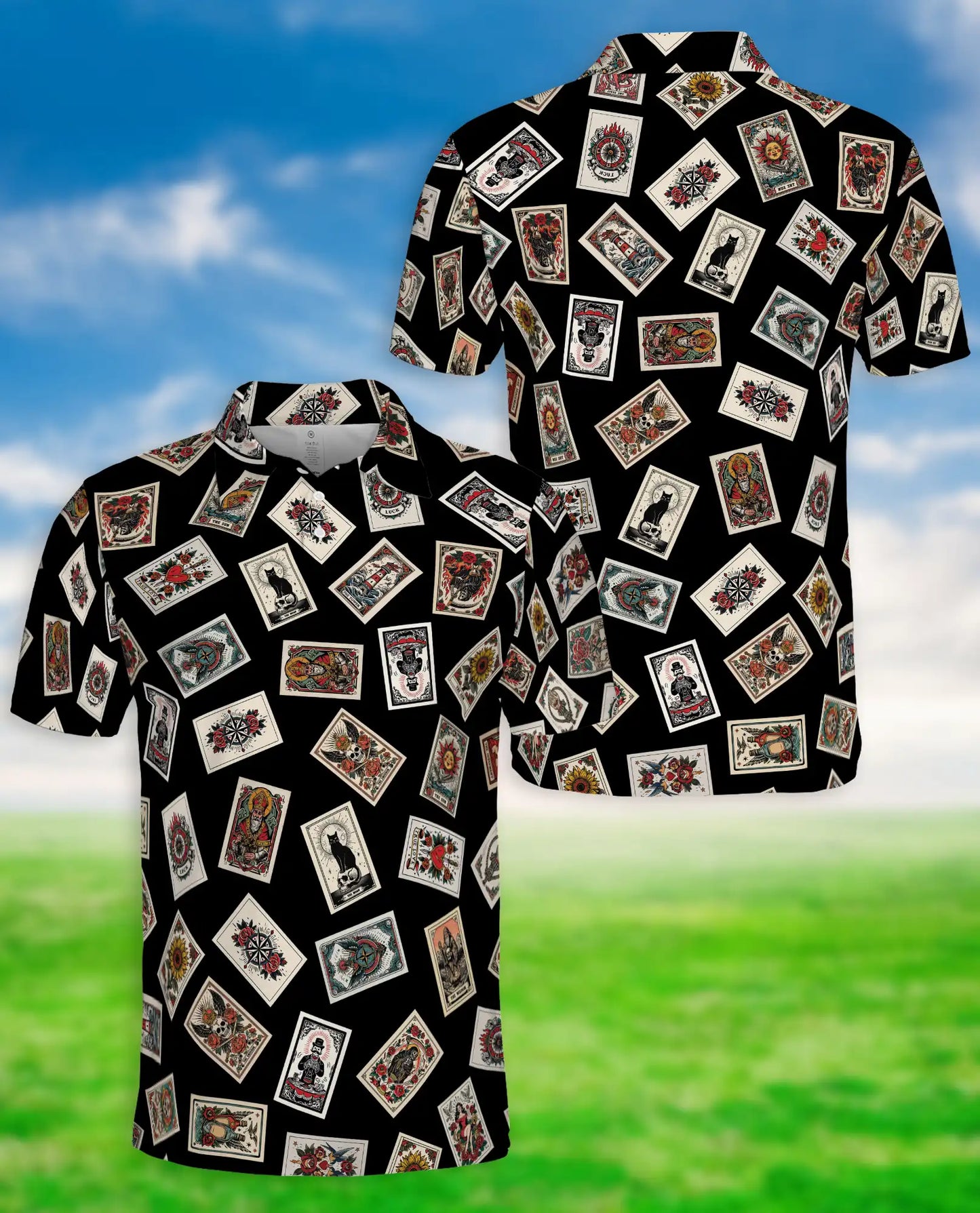 Tarot Card Polo Shirt for Men, Mystical Fortune Design | Azhawaiian