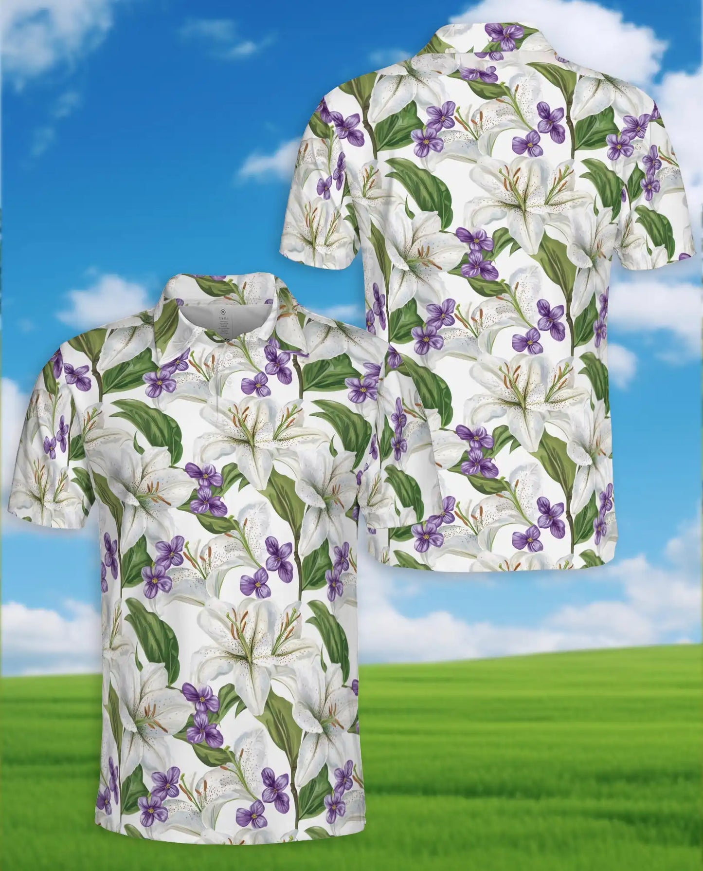 White Lily Polo Shirt for Men, Elegant Floral Style | Azhawaiian