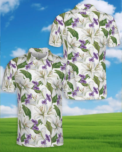 White Lily Polo Shirt for Men, Elegant Floral Style | Azhawaiian