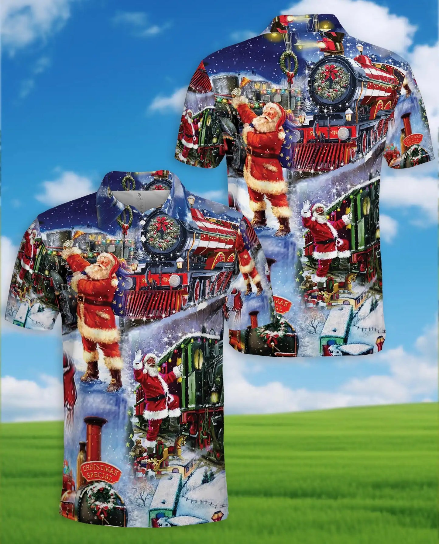 Santa Christmas Train 3D Polo Shirt for Men, Vintage Holiday Railway Style | Azhawaiian