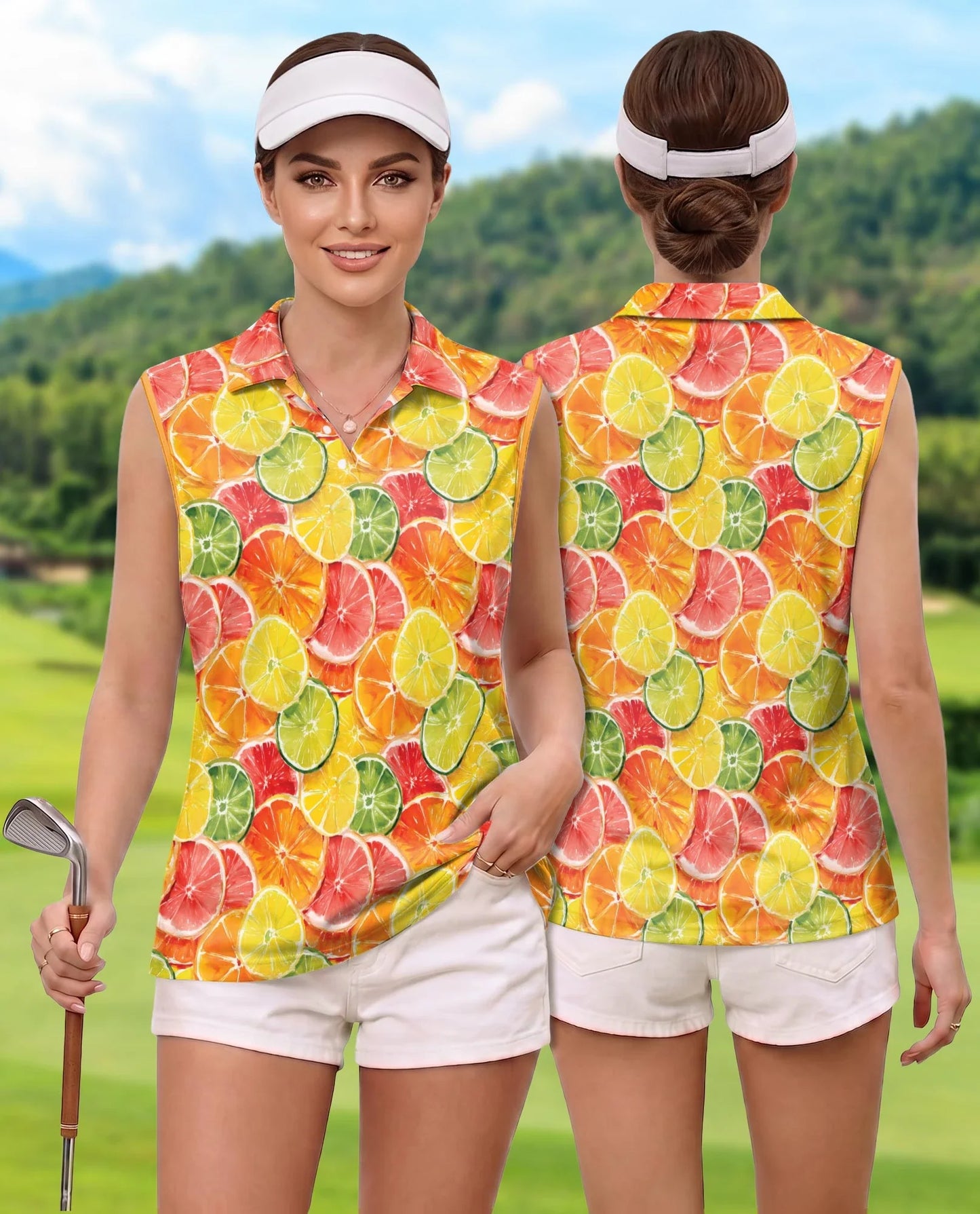 Citrus Fruits Pattern Sleeveless Polo Shirt for Women, Fresh Summer Style | Azhawaiian