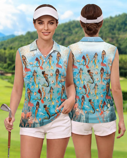 Mermaid Sea Horse Coral Reef Sleeveless Polo Shirt for Women | Azhawaiian