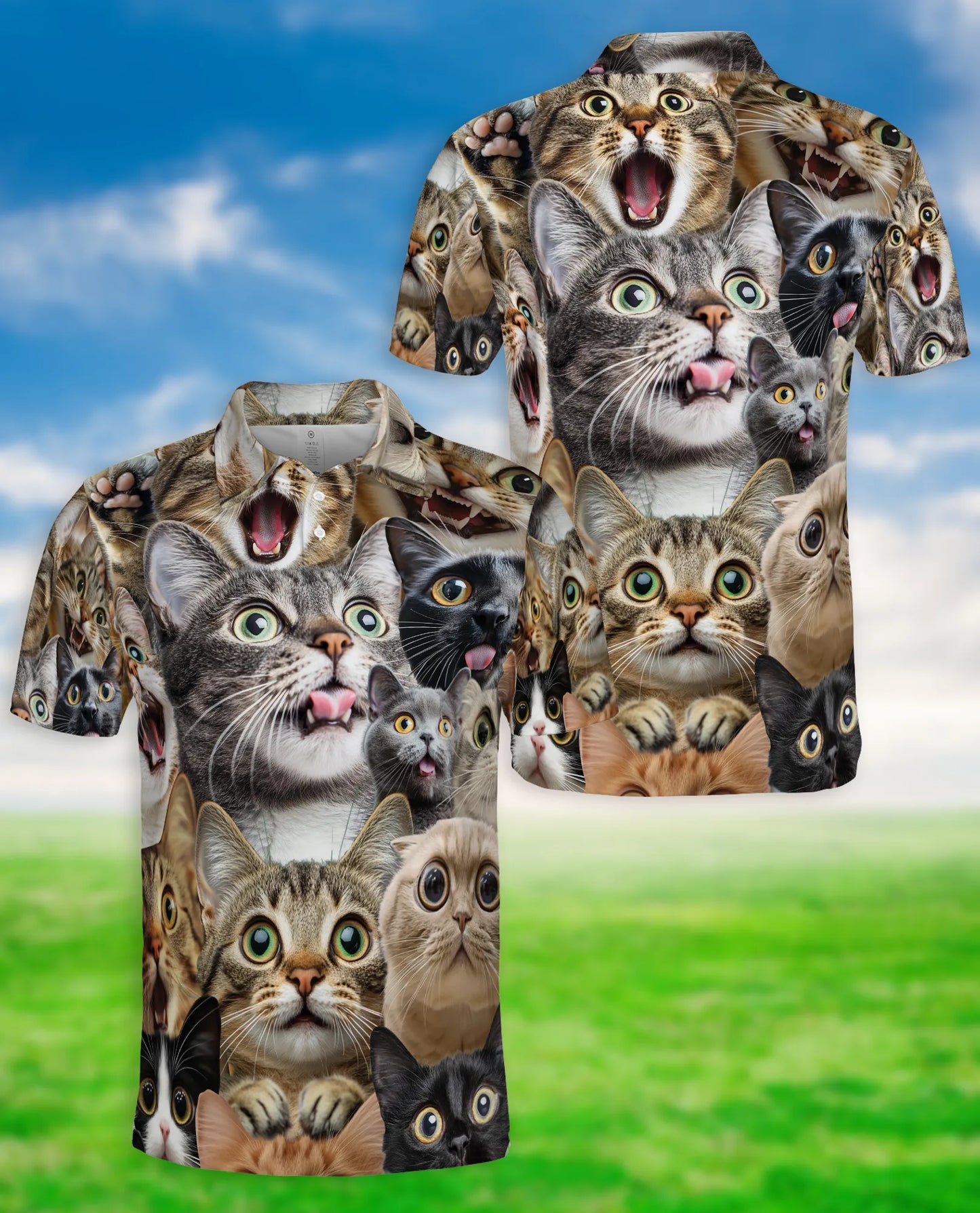Funny Cat Faces 3D Polo Shirt for Men, Cute Kitty Meme Style | Azhawaiian
