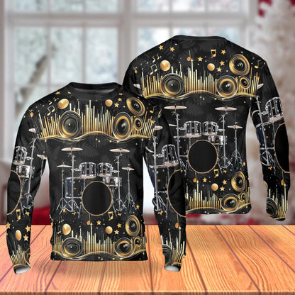 Drum Kit Musical Note Gold Sweatshirt – Colorful Graphic 3D All Over Print Design
