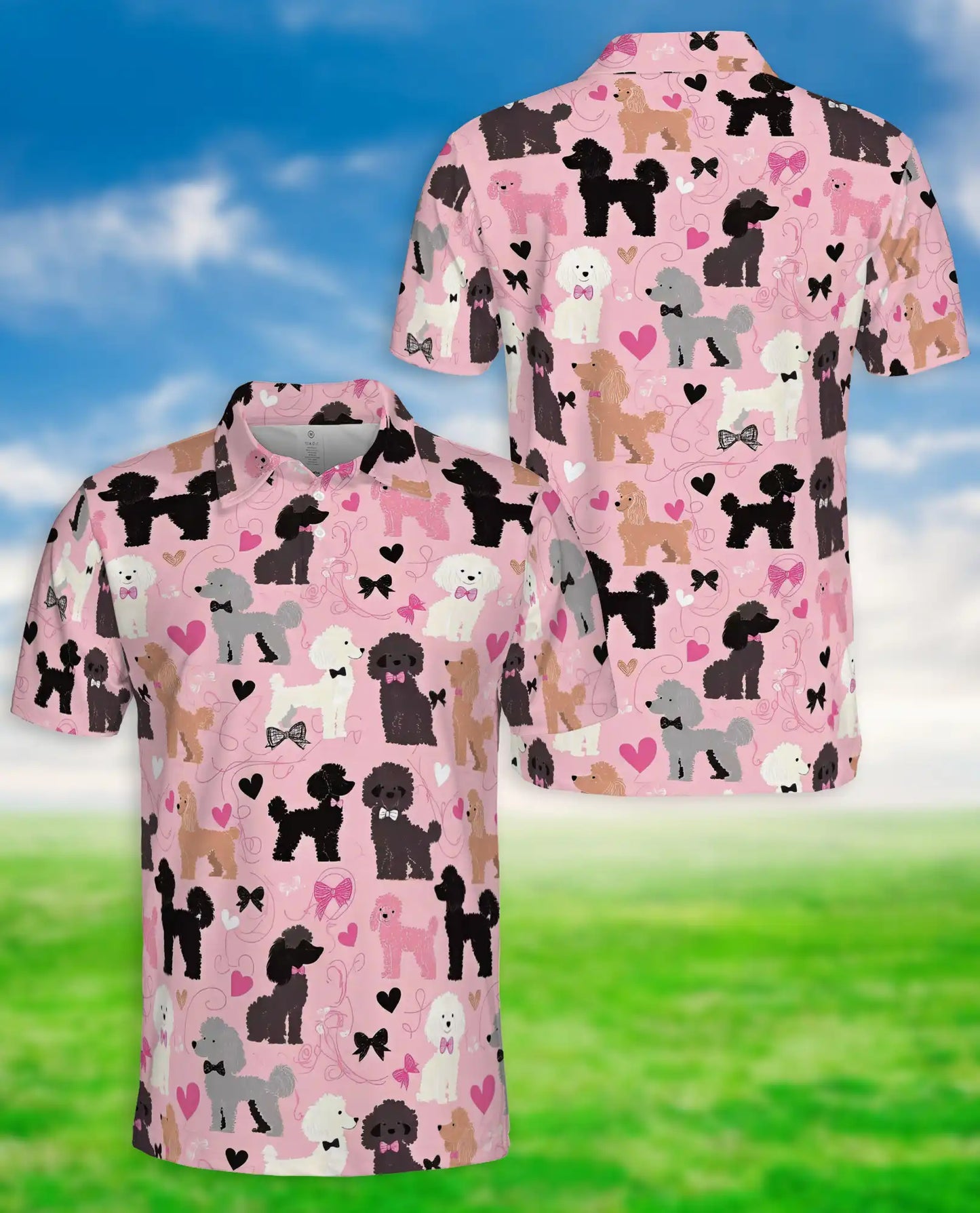 Cute Poodle Dog Lover Polo Shirt for Men - Pink Heart Pattern | Azhawaiian