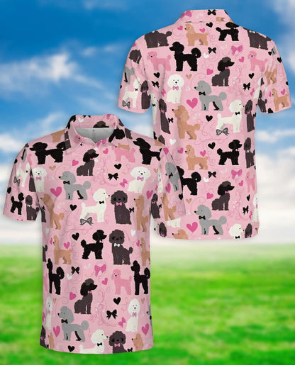 Cute Poodle Dog Lover Polo Shirt for Men - Pink Heart Pattern | Azhawaiian