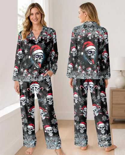Christmas Skull Pajama Set for Women, Santa Skull Holiday Sleepwear with Winter Design