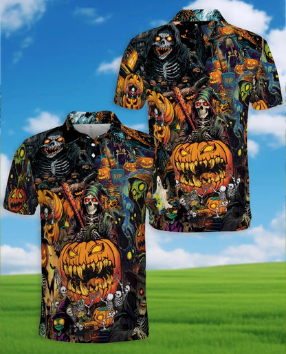 Halloween Monster Polo Shirt for Men, Spooky Pumpkin Style | Azhawaiian