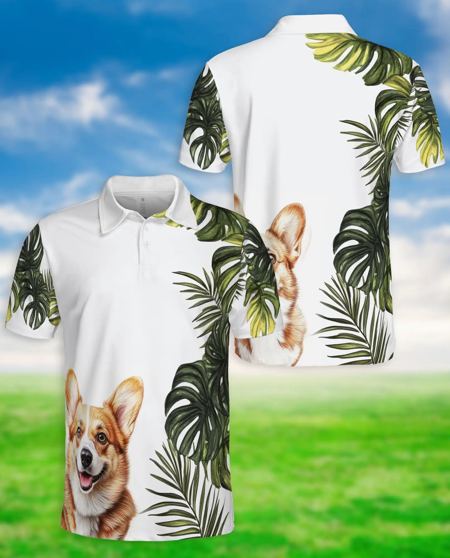 Cute Corgi Tropical Leaves 3D Polo Shirt for Men, Hawaiian Dog Lover Style | Azhawaiian