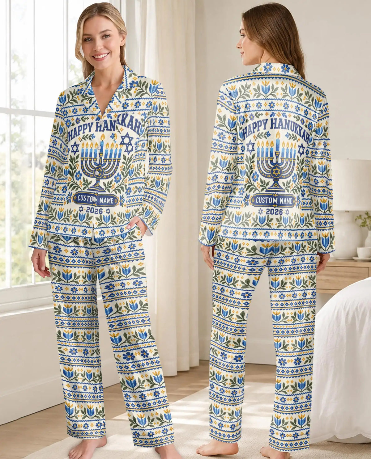 Personalized Floral Hanukkah Pajama Set for Women – Custom Name & Year Menorah Print
