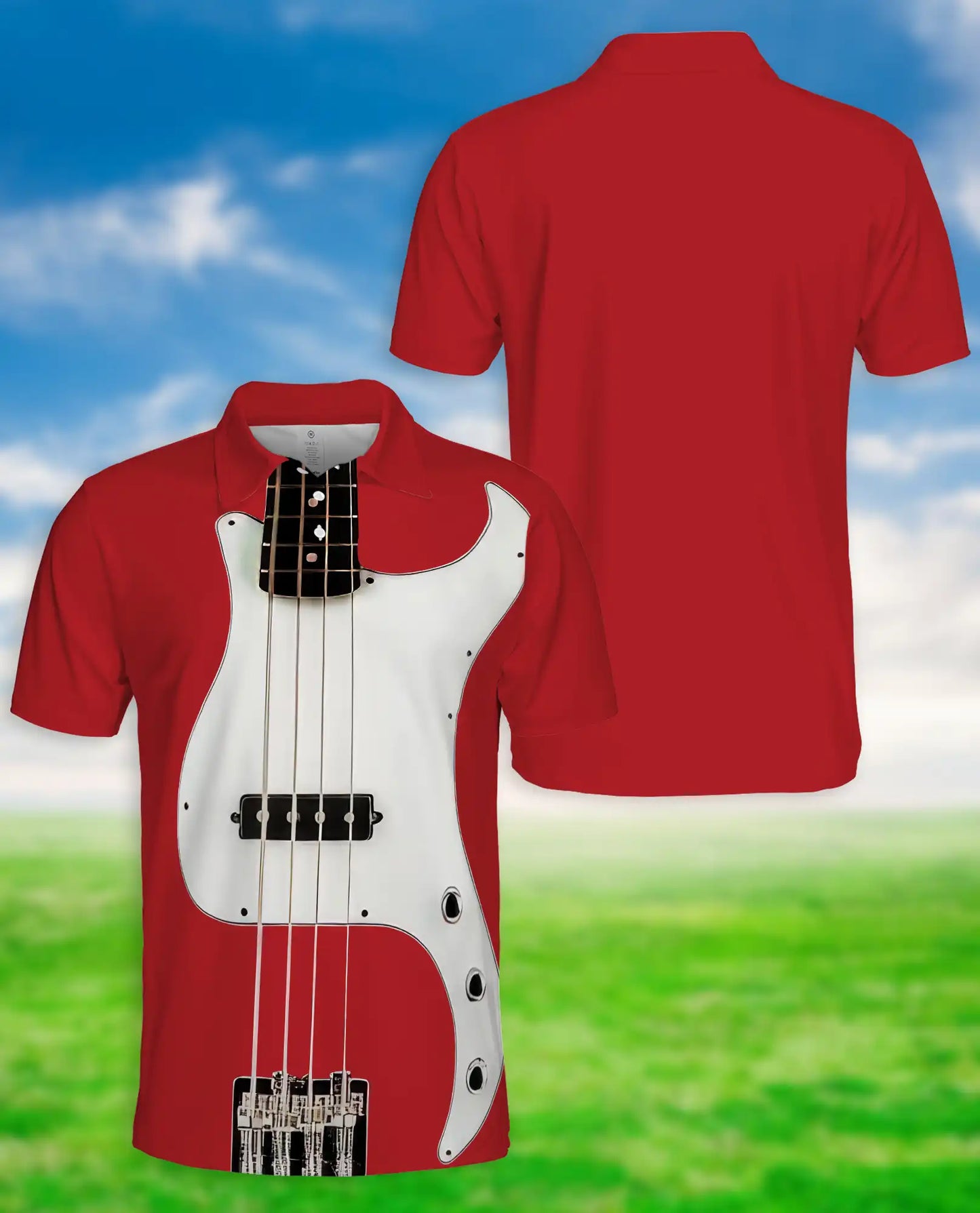 Red Bass Guitar 3D Polo Shirt for Men, Rock Music Instrument Style | Azhawaiian