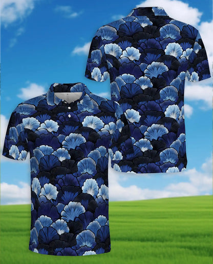 Blue Ginkgo Polo Shirt for Men, Elegant Botanical Style | Azhawaiian