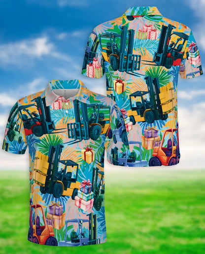 Forklift Tropical Warehouse 3D Polo Shirt for Men, Funny Logistics Worker Style | Azhawaiian