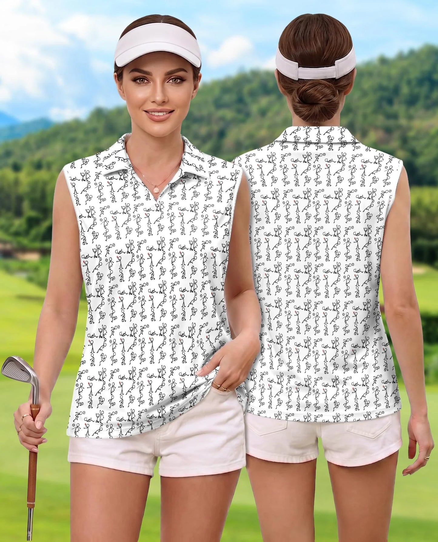 Stick Figures Playing Soccer Sleeveless Polo Shirt for Women | Azhawaiian