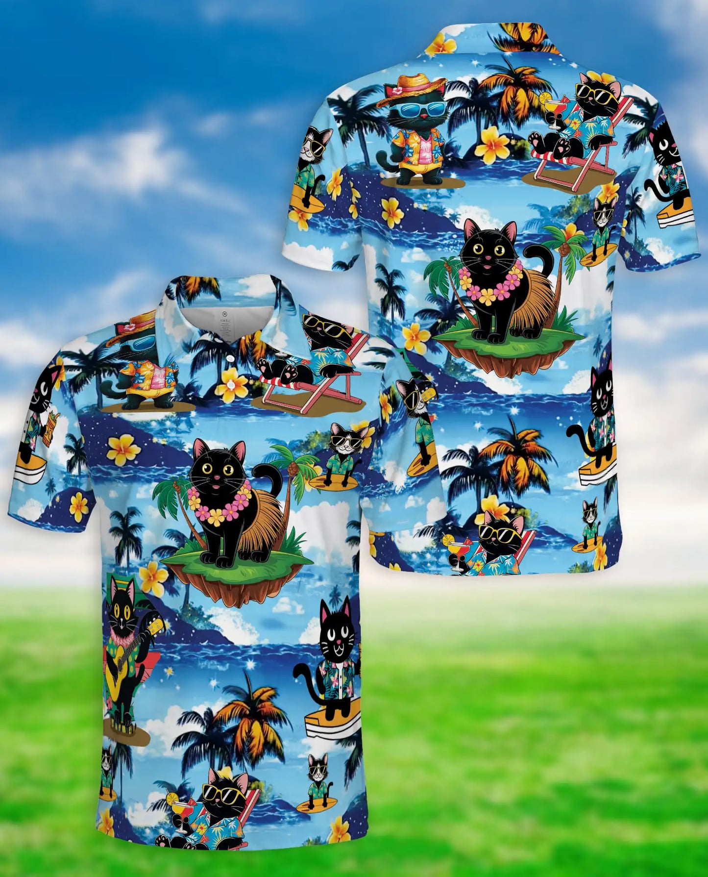 Tropical Black Cat 3D Polo Shirt for Men, Hawaiian Beach Cartoon Style | Azhawaiian