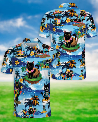 Tropical Black Cat 3D Polo Shirt for Men, Hawaiian Beach Cartoon Style | Azhawaiian