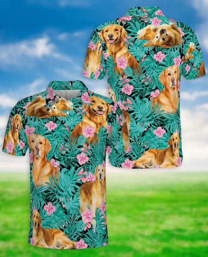 Golden Retriever Tropical Hibiscus Polo Shirt-Hawaiian Floral Dog Print | Azhawaiian