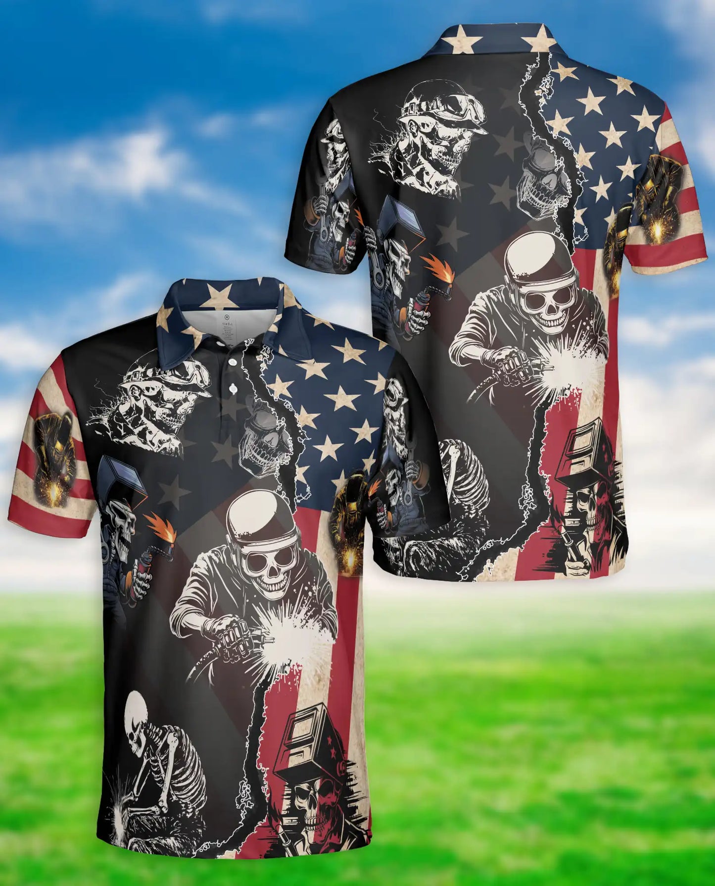American Skull Welding Polo Shirt, Patriotic Style | Azhawaiian