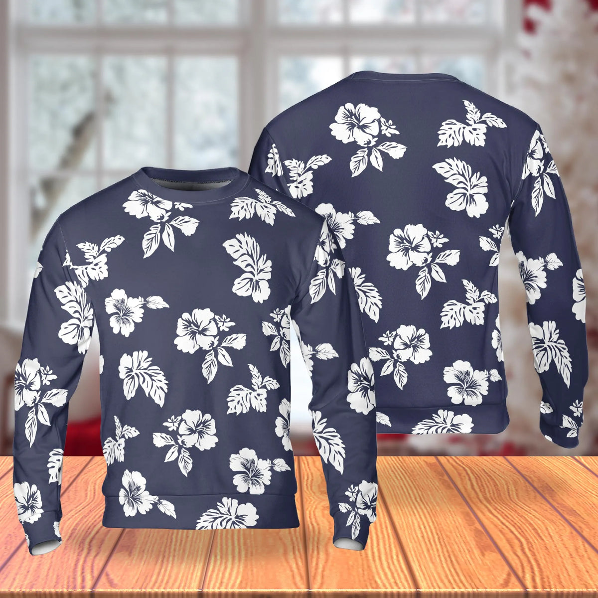White Hibiscus Pattern Navy Blue Sweatshirt – Tropical 3D All Over Print Design