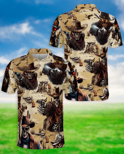 Skeleton Cowboy Gunslinger Polo Shirt Wild West Skull Western Outlaw Design | Azhawaiian