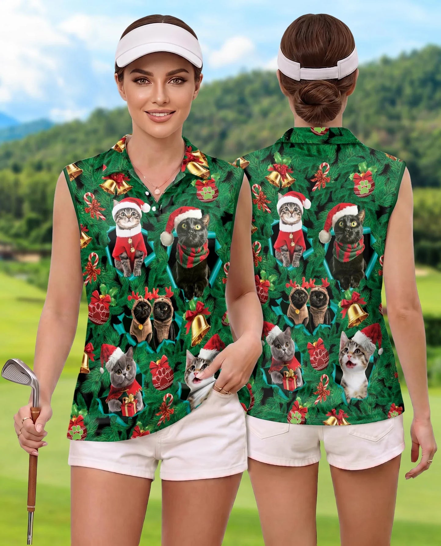 Cats Christmas Sleeveless Polo Shirt for Women, Cute Holiday Style | Azhawaiian