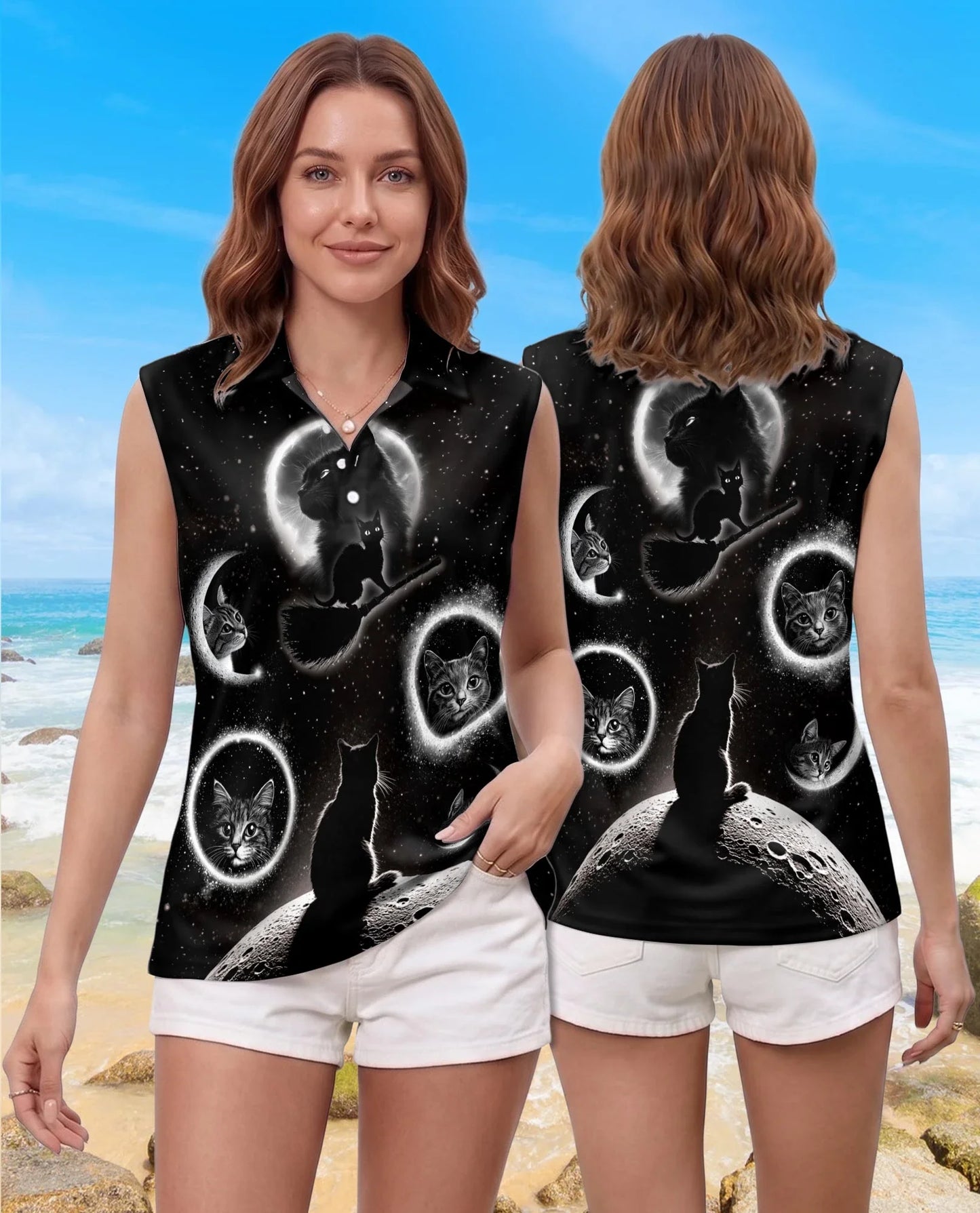 Black Cat Moonlight Sleeveless Polo Shirt for Women