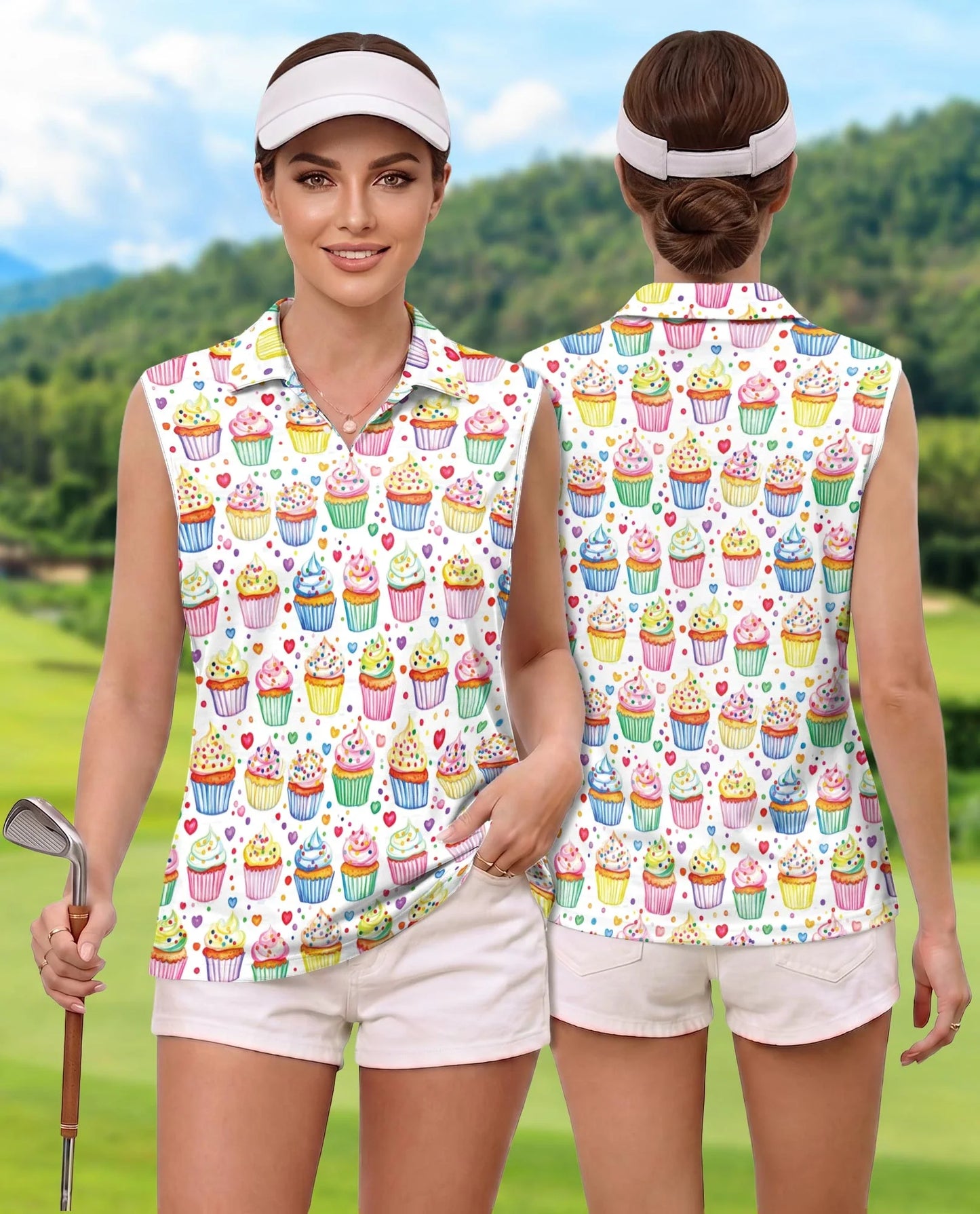 Cupcake Pattern Sleeveless Polo Shirt for Women | Azhawaiian