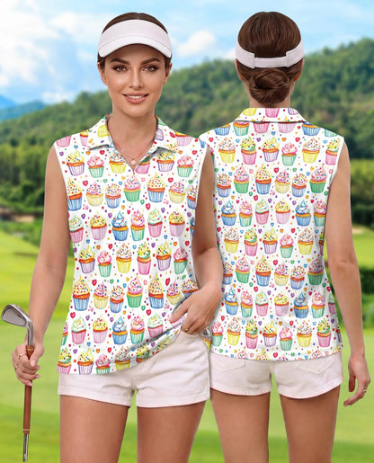 Cupcake Pattern Sleeveless Polo Shirt for Women | Azhawaiian
