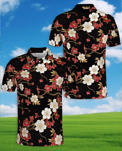 Red Blossom Polo Shirt for Men, Elegant Floral Style | Azhawaiian