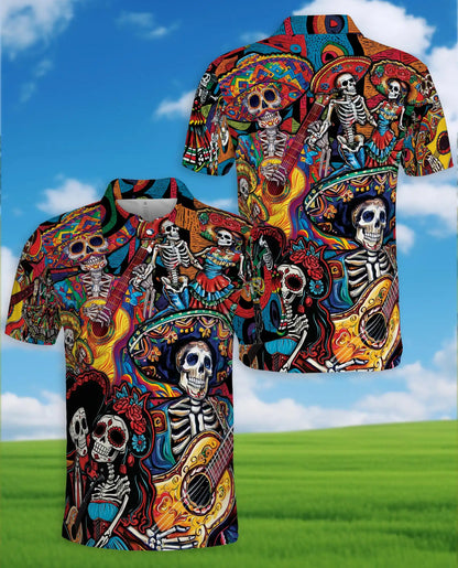 Colorful Skeleton Guitar Polo Shirt for Men, Musical Skull Design | Azhawaiian