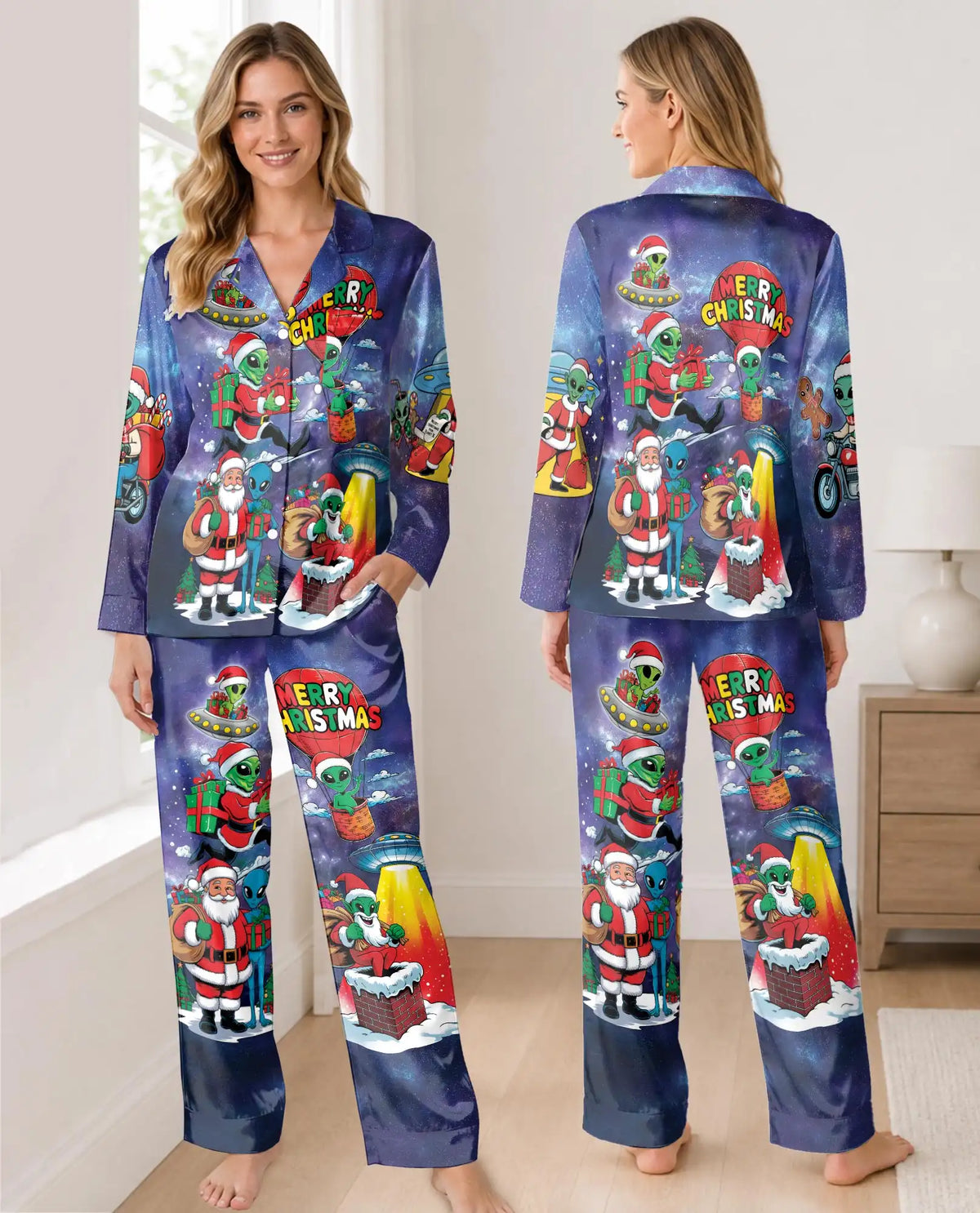 Funny Alien Christmas Pajama Set for Women, Santa Holiday Novelty Sleepwear