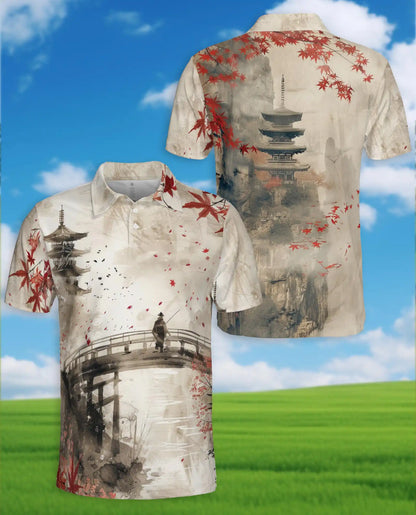 Japanese Ink Landscape Polo Shirt - Zen Asian Art Style | Azhawaiian