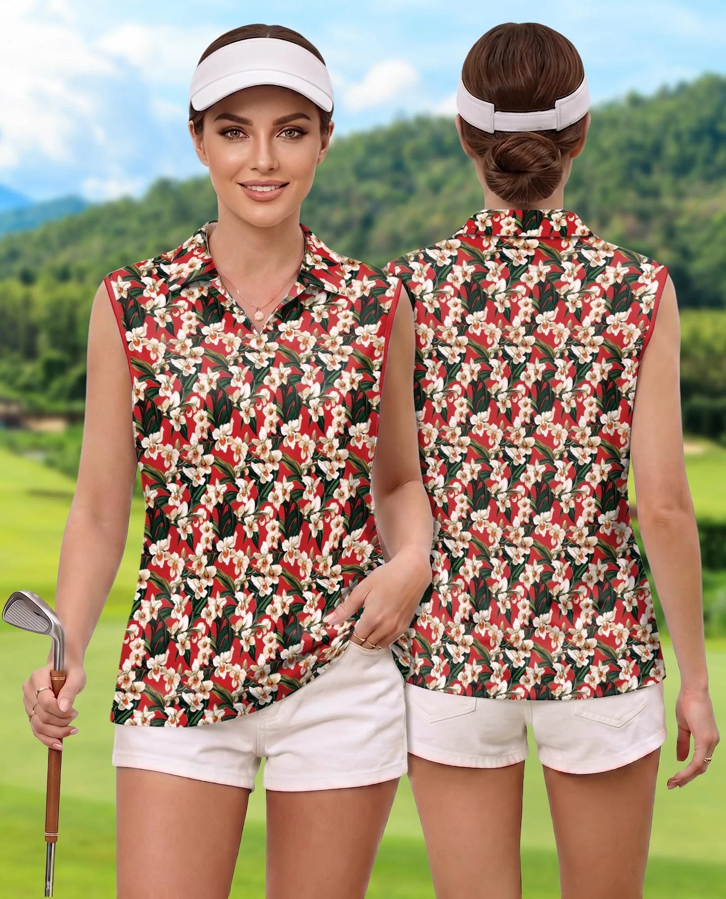 Red Orchid Ginger Sleeveless Polo Shirt for Women | Azhawaiian