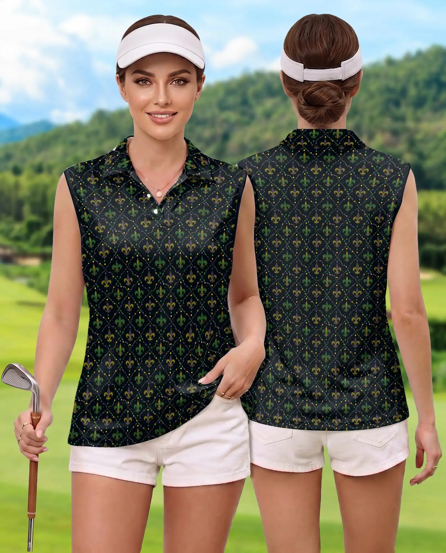 Fleur-de-lis Purple Green Sleeveless Polo Shirt for Women | Azhawaiian