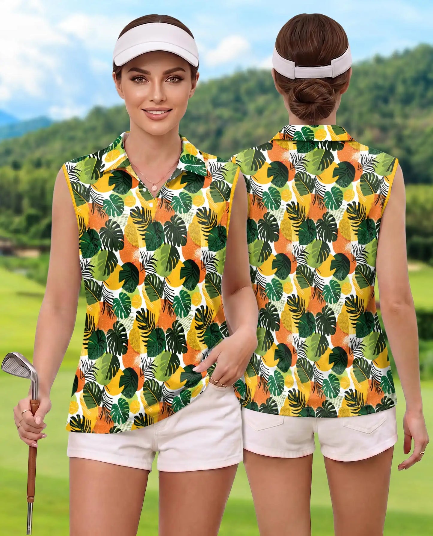 Monstera Leaf Print Sleeveless Polo Shirt for Women, Tropical Botanical Style | Azhawaiian