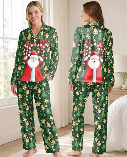 Santa Joy Christmas Pajama Set for Women – Candy Cane & Gingerbread Print