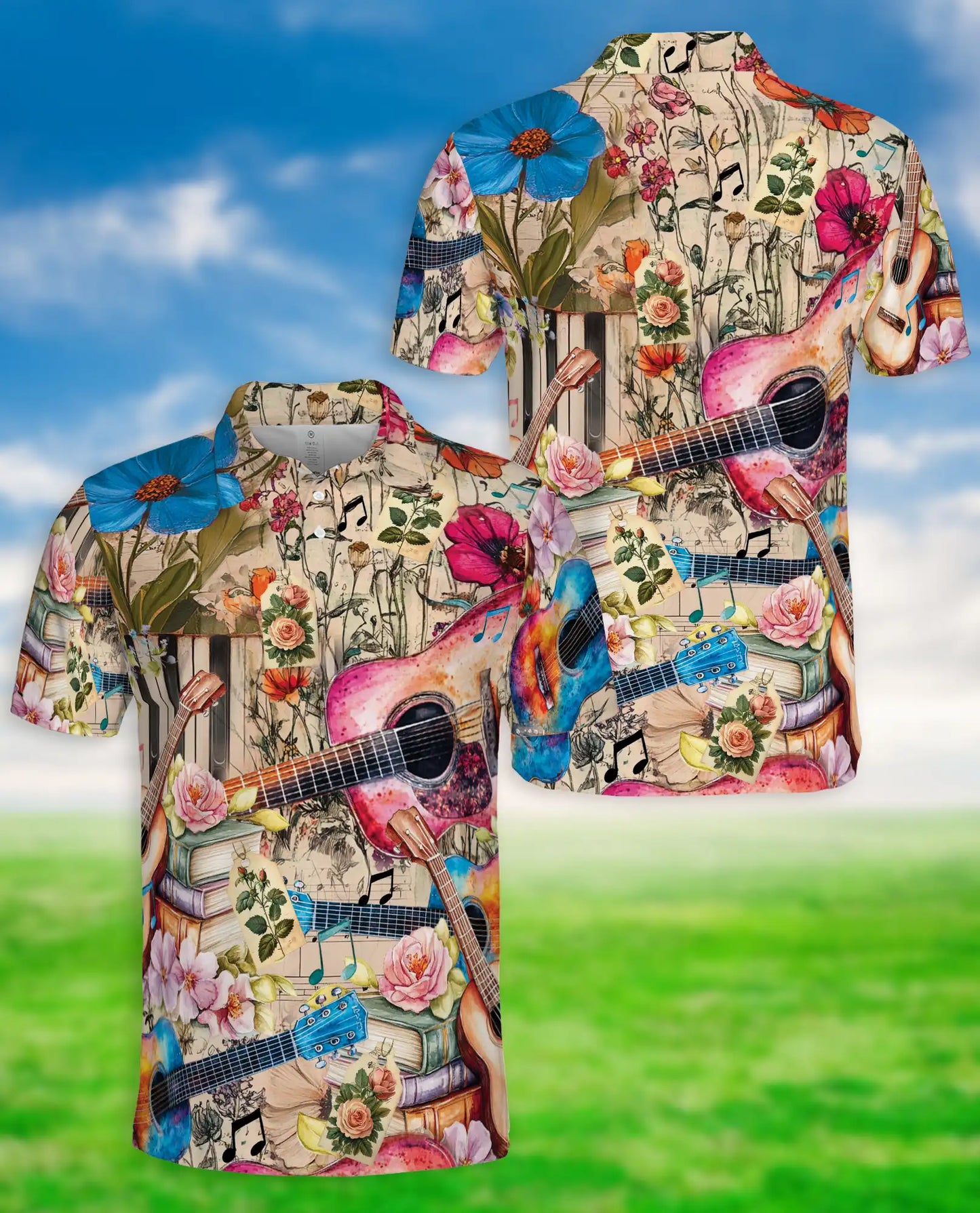 Acoustic Guitar Polo Shirt, Floral Music Art Print | Azhawaiian