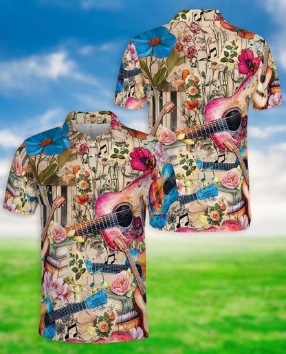 Acoustic Guitar Polo Shirt, Floral Music Art Print | Azhawaiian