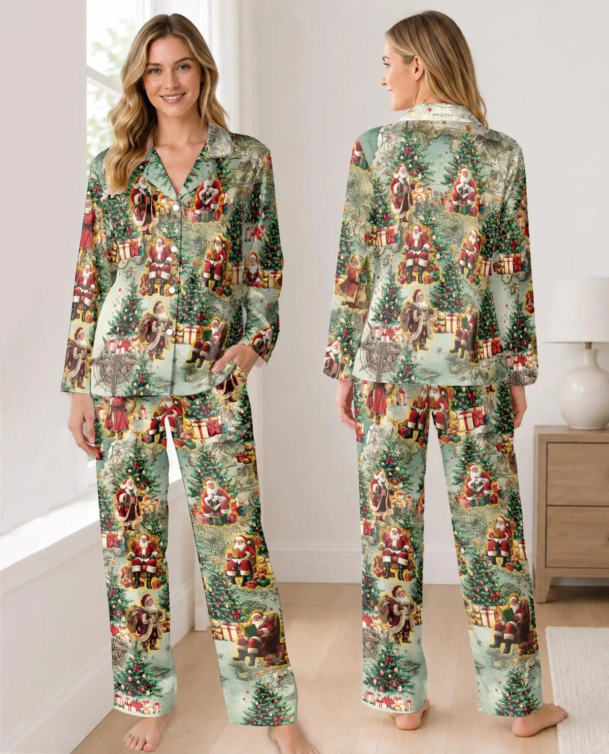 Christmas Santa Pajama Set for Women, Vintage Holiday Sleepwear with Christmas Tree Design