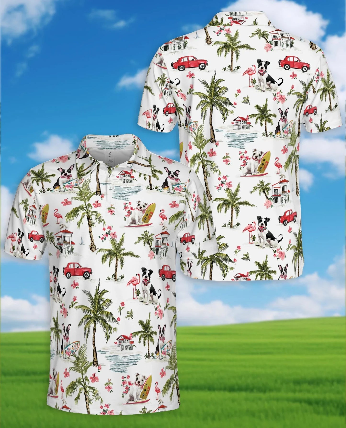 Dog Surfing Beach Polo Shirt for Men, Tropical Palm Tree Style | Azhawaiian