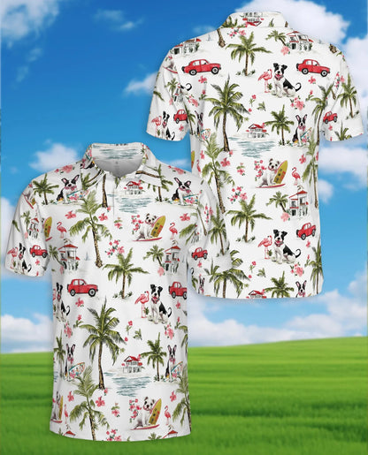 Dog Surfing Beach Polo Shirt for Men, Tropical Palm Tree Style | Azhawaiian